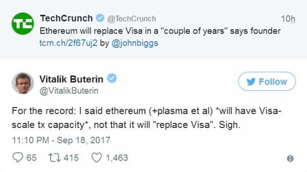 Виталик Бутерин: «эфириум будет соответствовать Visa по своим масштабам через пару лет» cryptowiki.ru